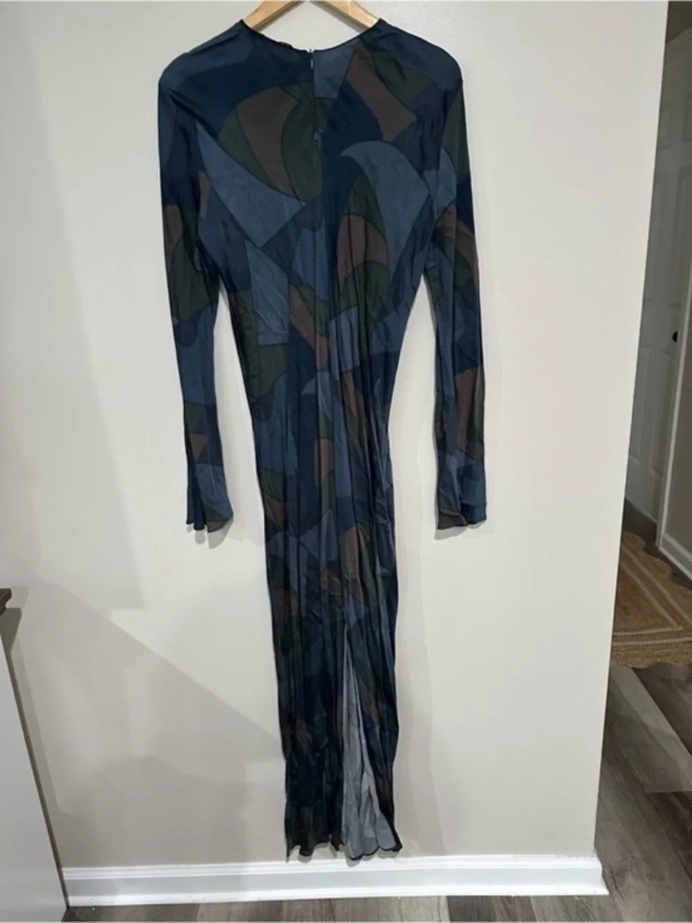 Zara Blue Green Abstract Print Maxi Dress XL Long Sleeve Viscose Art Deco - Picture 3 of 10